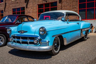 Falcon Heights, MN - June 17, 2022: Low perspective front corner view of a 1953 Chevrolet BelAir 2 Door Hardtop at a local car show.