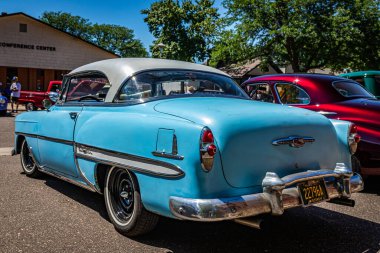 Falcon Heights, MN - June 17, 2022: Low perspective rear corner view of a 1953 Chevrolet BelAir 2 Door Hardtop at a local car show.