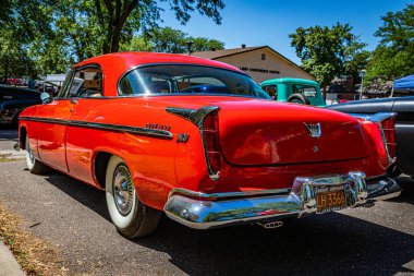 Falcon Heights, MN - June 17, 2022: Low perspective rear corner view of a 1955 Chrysler C300 2 Door Hardtop Coupe at a local car show.