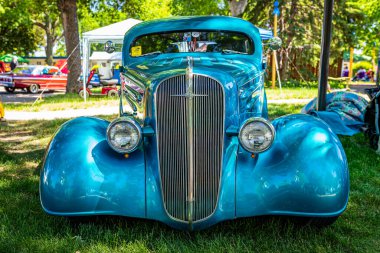 Falcon Heights, MN - June 17, 2022: Low perspective front view of a 1936 Chevrolet Street Rod Coupe at a local car show.