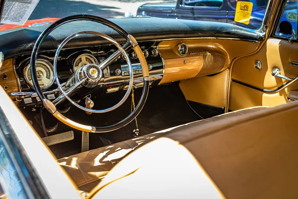 Falcon Heights, MN - June 17, 2022: Wide angle detail interior view of a 1955 Chrysler C300 2 Door Hardtop Coupe at a local car show.