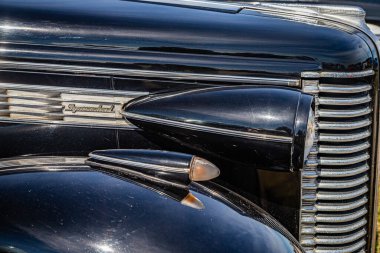 Daytona Beach, FL - November 24, 2018: Front corner close up detail view of a 1938 Buick 8 Special Series 40 Touring Sedan Model 41 at a local car show.