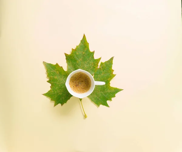 Creative Arrangement Green Leaf Mug Filled Coffee — Stock Photo, Image