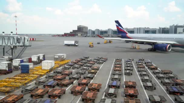 Flughafenmitarbeiter laden Gepäck auf Band in russisches Flugzeug — Stockvideo
