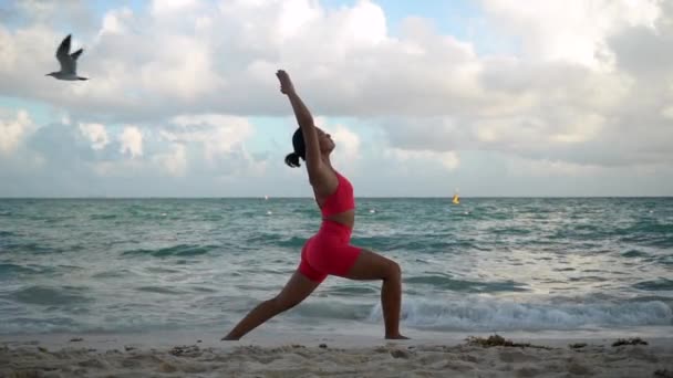 Pembe takım elbiseli genç bir kadın gün doğumunda deniz kenarında yoga yapıyor. Telifsiz Stok Video