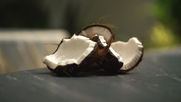 La mano del hombre tomó un pedazo roto de coco. frutas tropicales, vacaciones exóticas — Vídeos de Stock