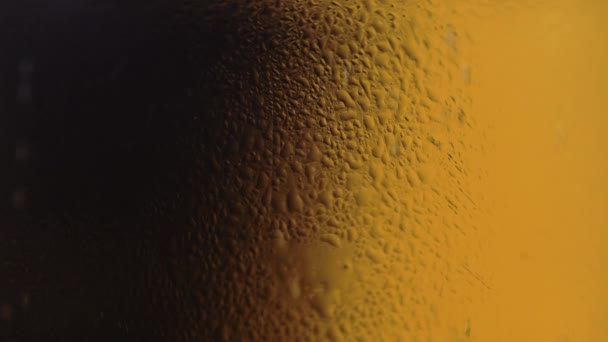 Bubbles on glass Extreme close beer. Foam moving. Yellow and black color — Stock Video