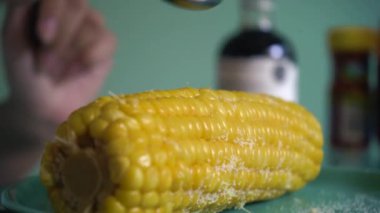 Tatlı Sarı Mısır Taze Kaynamış ve Öğle Yemeği Tabağında Sıcak. Tuz ve yakın yemek. 