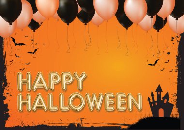 Sıcak balon dekorasyon kenarı, yarasalar ve kale arka plan şablonu olan yatay Cadılar Bayramı kelimesi