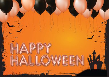 Sıcak balon dekorasyon kenarı, yarasalar ve kale arka plan şablonu olan yatay Cadılar Bayramı kelimesi