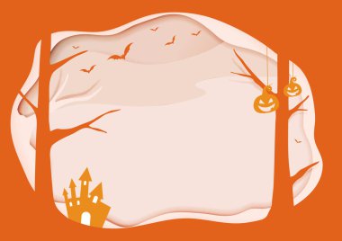 Katman kenarlı Cadılar Bayramı turuncu ve beyaz arka planı, yarasa, balkabağı 