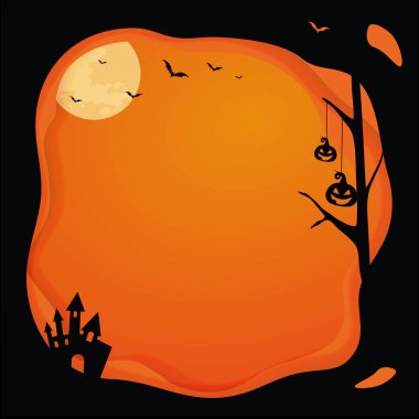 Kare Cadılar Bayramı kare şablonu siyah, turuncu katman kenarı, ay, yarasa, balkabağı