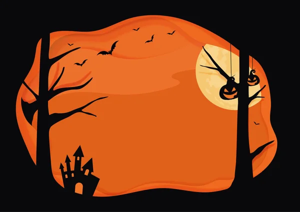 Horizontal Halloween Laranja Fundo Com Camada Fronteira Morcego Abóbora Lua — Fotografia de Stock