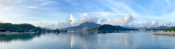 Hong Kong Krajina Panorama Fotografie Mraky Nebe Oceán Loď Hory — Stock fotografie