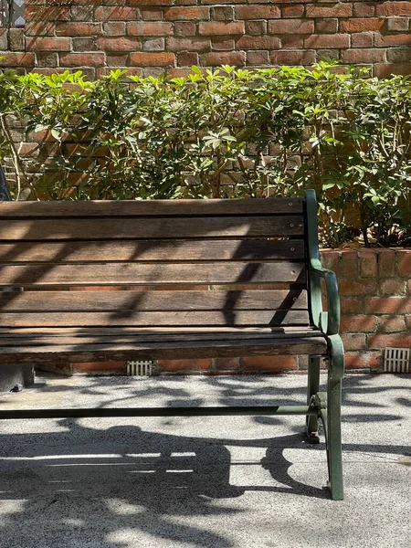 Banc Extérieur Vertical Bois Avec Mur Briques Plantes Vertes Dans — Photo