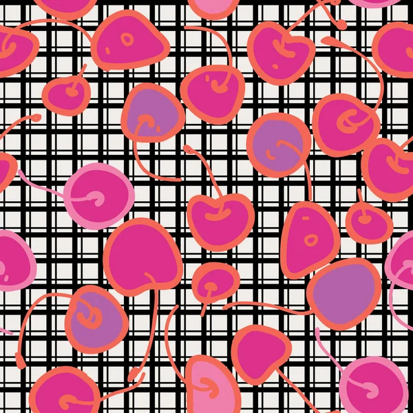 桜とチェックされた背景を持つシームレスな装飾パターン — ストックベクタ