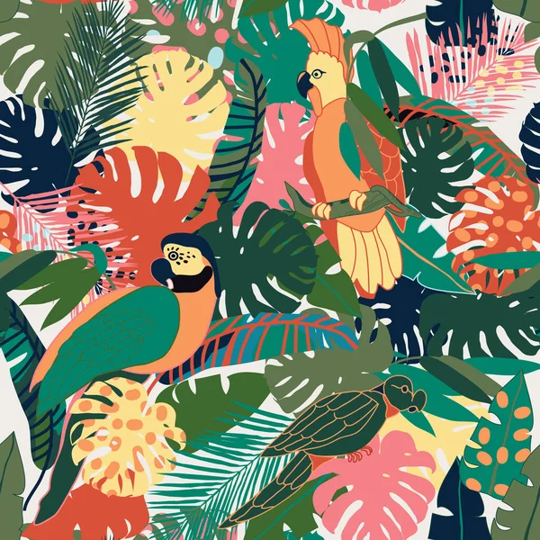 Naadloos Tropisch Patroon Met Papegaaien Bladeren — Stockvector