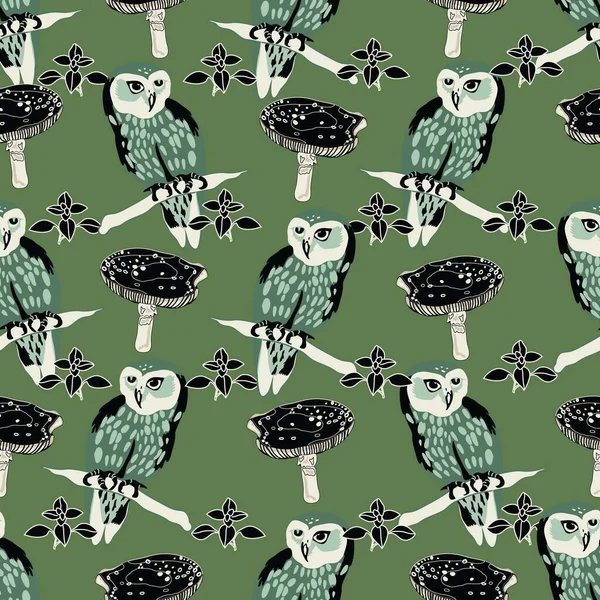 Motif Sans Couture Avec Hibou Champignons — Image vectorielle