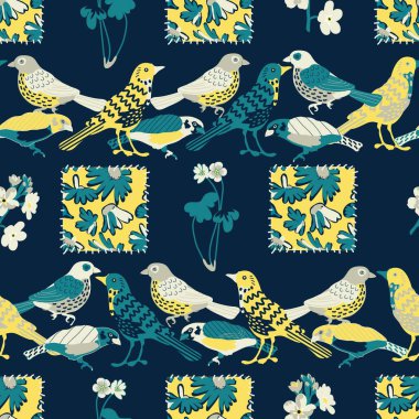 Kuşlar ve çiçeklerle kusursuz desen