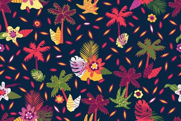 Bezešvé Tropické Vzory Palmami Květy Listy — Stockový vektor