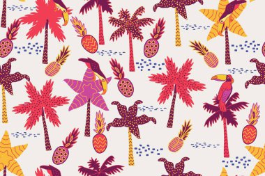 Palmiye, çiçek ve tukanlarla kusursuz tropikal desenler.