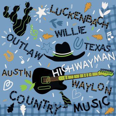 İnek şapkalı, gitarlı ve metinli country müzik kartı