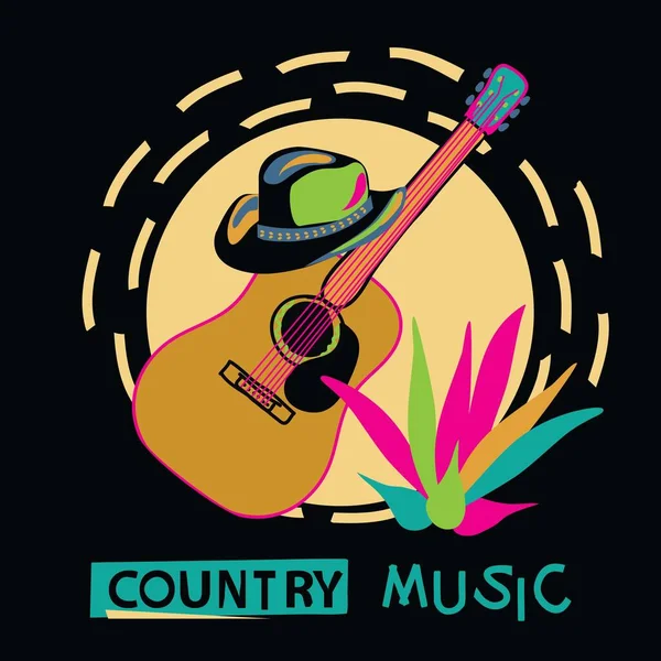 Country Muziekkaart Met Cowbow Hoed Gitaar Teksten — Stockvector