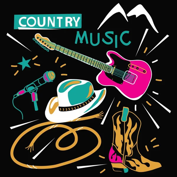 Carta Musicale Country Con Cappello Cowbow Chitarra Testi — Vettoriale Stock