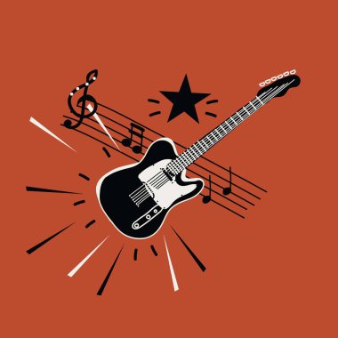 illustration with guitar and musical notes, black and white scetch