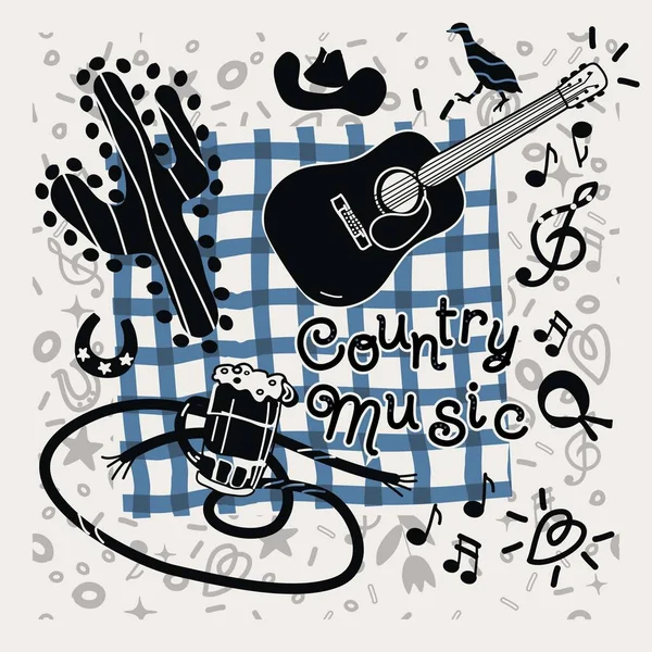 Tarjeta Música Country Con Sombrero Cowbow Guitarra Taza Cerveza Textos — Vector de stock