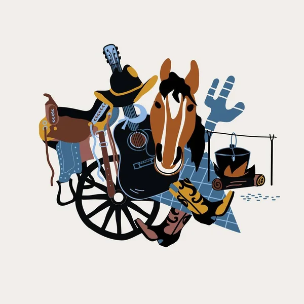 Иллюстрация Гитарой Ковбойской Шляпой Лошадью Другим Ковбойским Оборудованием — стоковый вектор