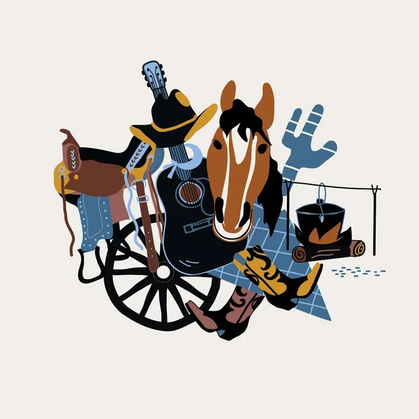 Illust Con Guitarra Sombrero Vaquero Caballo Otro Equipo Vaquero — Vector de stock