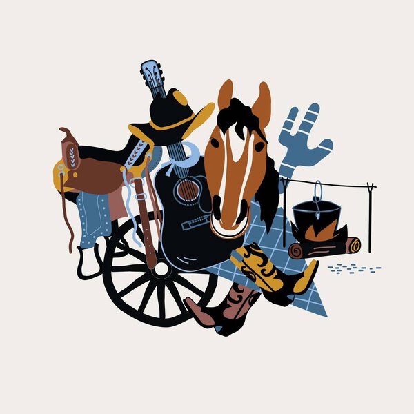 illustration with guitar, cowboy hat, horse and other cowboy equipment