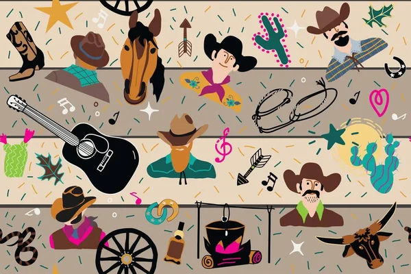 无缝隙乡村音乐模式 头戴牛仔蝴蝶帽 吉它和家畜 — 图库矢量图片