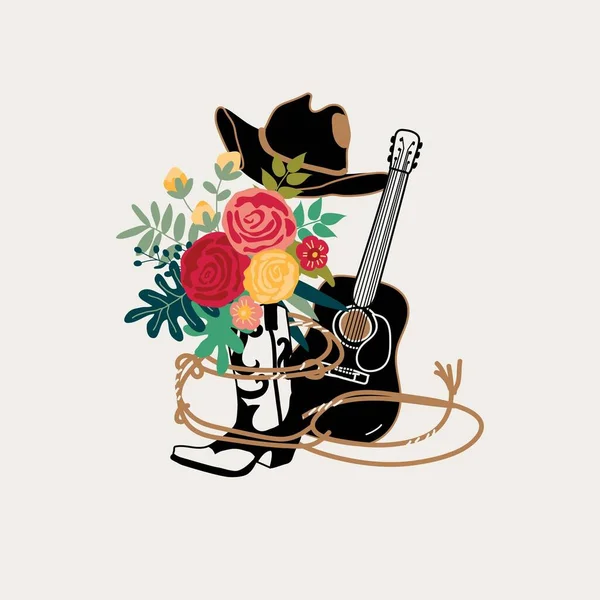 Country Music Concept Card Gitarą Kapelusz Kowbojski Bukiet Kwiatów — Wektor stockowy