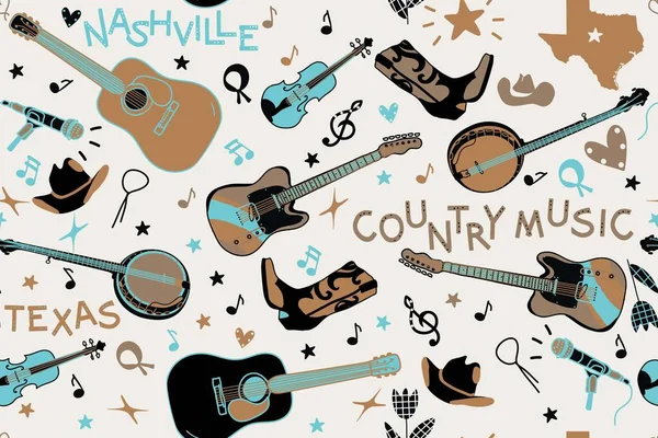 Naadloos Country Muziek Feestelijk Patroon Met Muziekinstrumenten Tekst — Stockvector