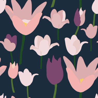 Koyu mavi arka planda laleleri olan kusursuz çiçek deseni.