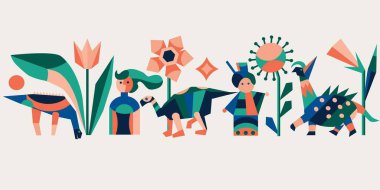 İnsanlarla, çiçeklerle ve dinozorlarla illüstrasyon