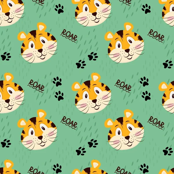 Seamless pattern with a cute tiger, a tiger cub is muzzle, a symbol of the new year 2022 on a green background. Vector illustration for postcards, banners, internet, decor, design, art, calendar.Web. 