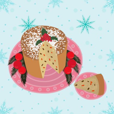 Geleneksel Noel pastası Panetton. İtalyan Panettone Noel pastası. Geleneksel tatlı ekmek. Bir kafe, fırın, restoran menüsü veya logo ve etiket için renkli karikatür tarzı çizim.