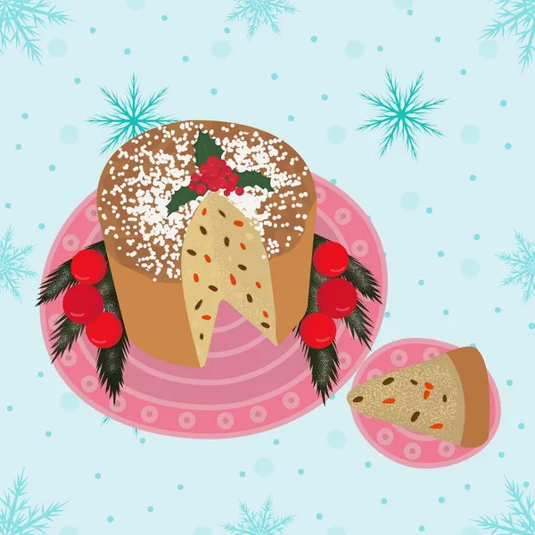 크리스마스 전통 달콤 한 빵 케이크 Panettone.Italian Panettone 크리스마스 케이크. 전통적 인 단 빵. 카페, 빵집, 식당 메뉴, 로고, 라벨에 대한 화려 한 만화 스타일의 삽화. 로열티 프리 스톡 일러스트레이션