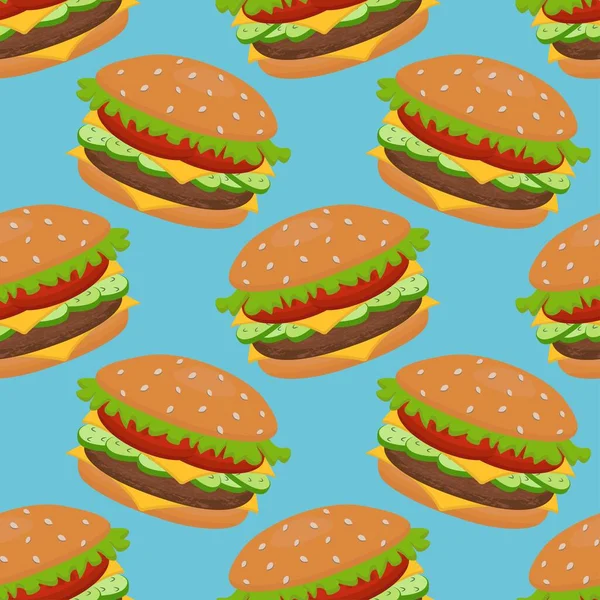 Modello senza cuciture vettoriale con un hamburger. Può essere utilizzato per tessuti, sfondi del sito web, copertine di libri — Vettoriale Stock