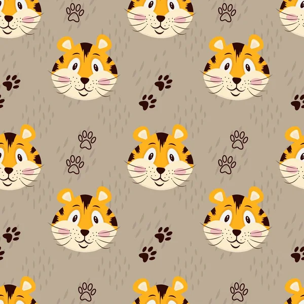 Seamless pattern with cute tiger, muzzles tiger cub with brown stripes, symbol of new 2022 year on white background.