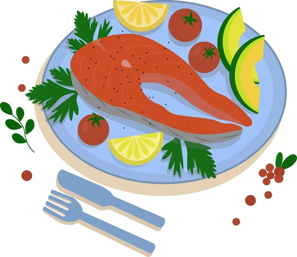 Pescado de salmón a la parrilla en un plato. — Archivo Imágenes Vectoriales