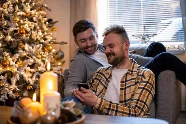 Front View Shot Lgbtqi Same Sex Male Couple Sitting Living — Stockfoto