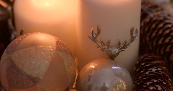 Close Shot Christmas Decorations Placed Wooden Table Living Room December — Vídeos de Stock