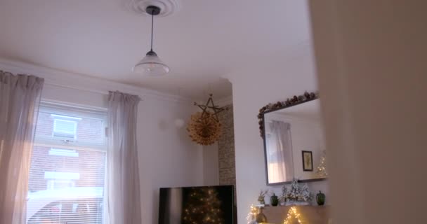 Revealing Top Bottom Shot Living Room Decorated Christmas Tree Golden — 图库视频影像