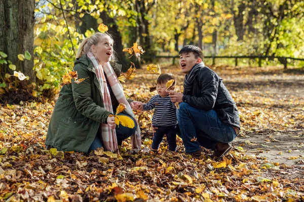 A family crouching down and playing with fallen leaves in nature in Northumberland, North East England. The parents are looking up in awe at leaves in the air.