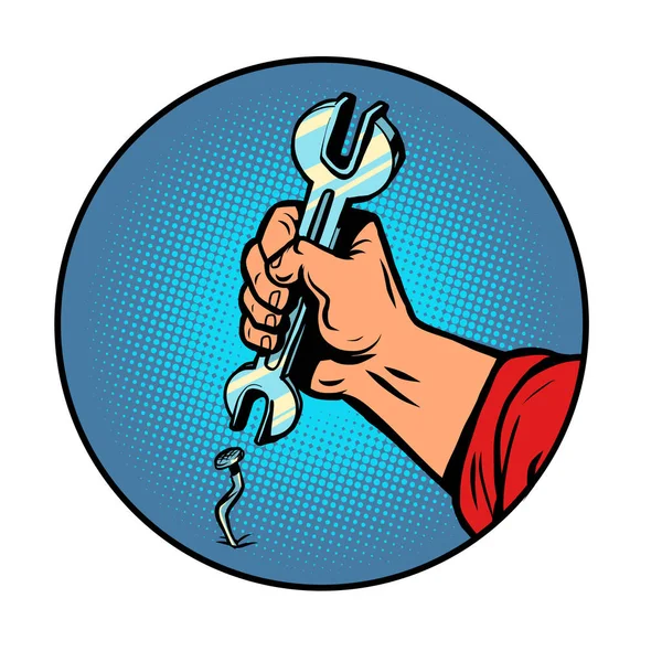 Hand mit einem Schraubenschlüssel, Reparatur. Mechaniker Klempner Auto — Stockvektor