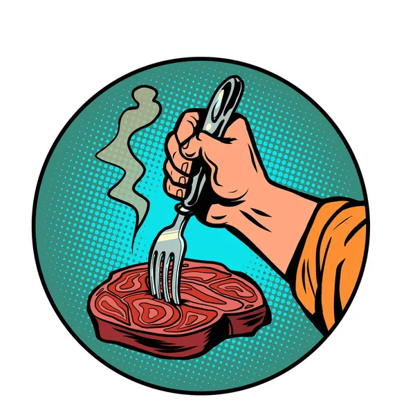Um garfo num bife de carne. O prato acabado. alimentos rústicos — Vetor de Stock